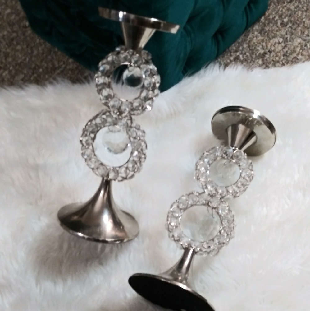 Crystal Beaded Glass & Silver Candle Holders